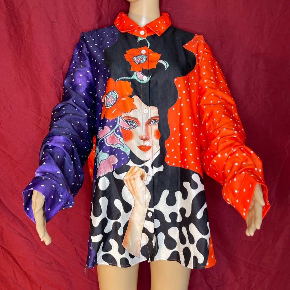 Turkish Artist Hulya Ozdemir 2018 Design Button Front Blouse Women's 4X